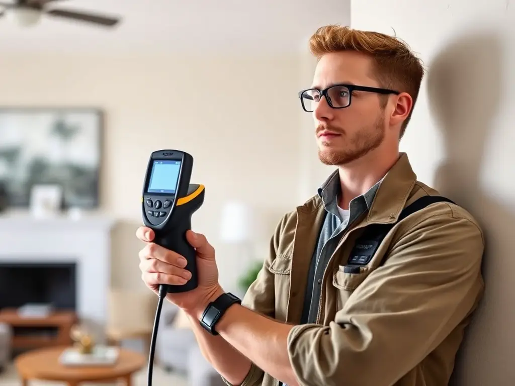 A technician using an XRF analyzer to test for lead-based paint on a wall in a residential building, highlighting the use of advanced technology.
