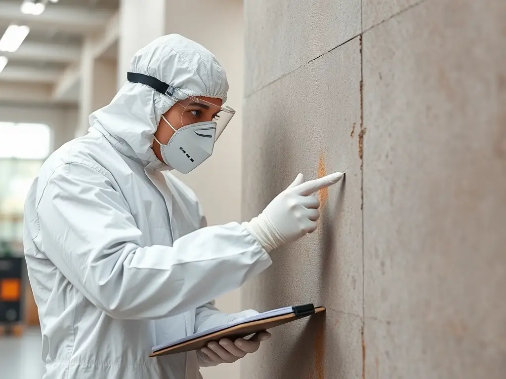 A certified asbestos inspector in a protective suit taking a sample from a building material, with a focus on safety and precision.