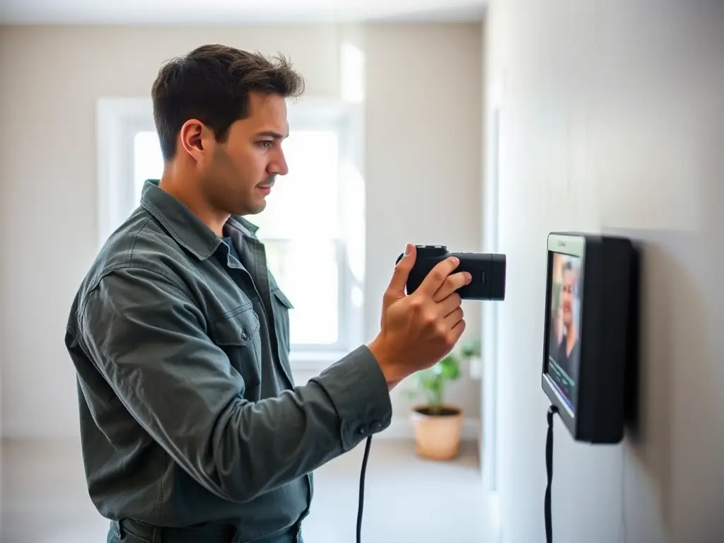 A technician performing lead paint testing with portable XRF device on a residential wall.
