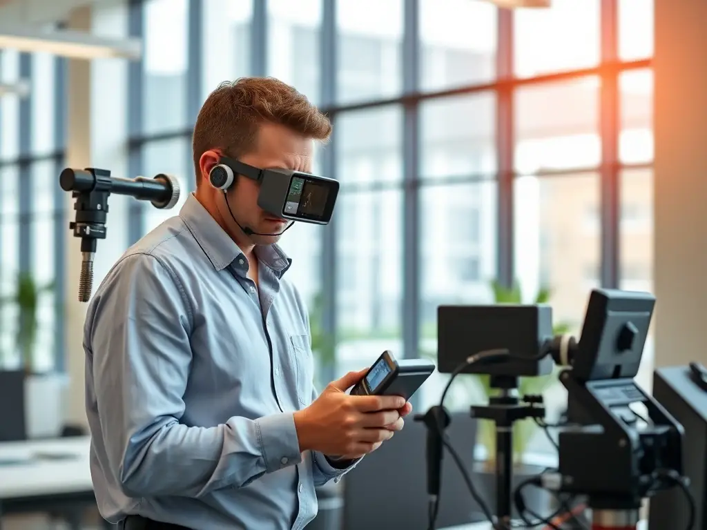 An indoor air quality specialist using monitoring equipment to measure air pollutants in an office environment. The image conveys the importance of maintaining healthy indoor air quality for occupants.