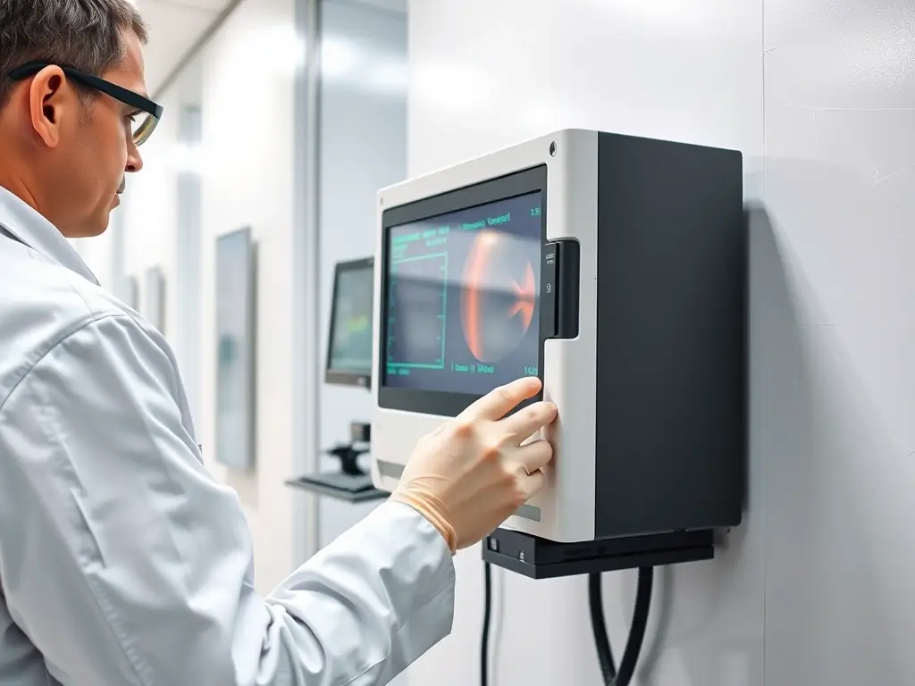 A technician in a clean environment using an XRF analyzer to test for lead in paint on a wall. The image highlights the use of advanced technology in lead testing and the importance of accurate detection.