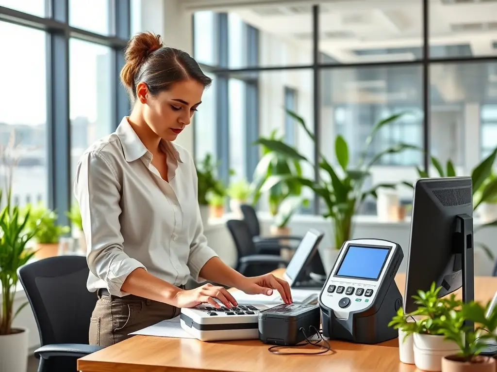 An indoor air quality specialist setting up monitoring equipment in an office environment, emphasizing the importance of clean air.