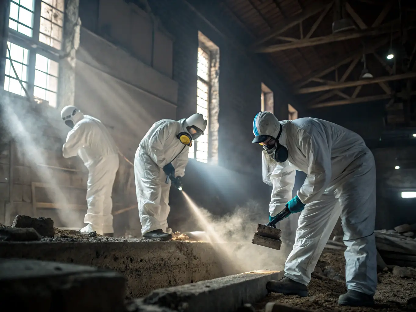 A professional environmental inspector wearing protective gear, carefully collecting an asbestos sample from a building material. The scene is well-lit, emphasizing the precision and safety protocols involved in asbestos inspection.
