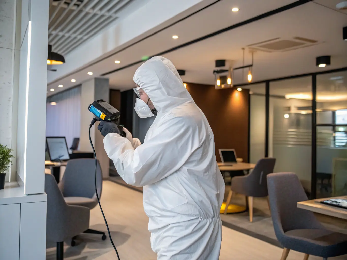 An indoor air quality specialist using monitoring equipment in an office environment to assess air quality.